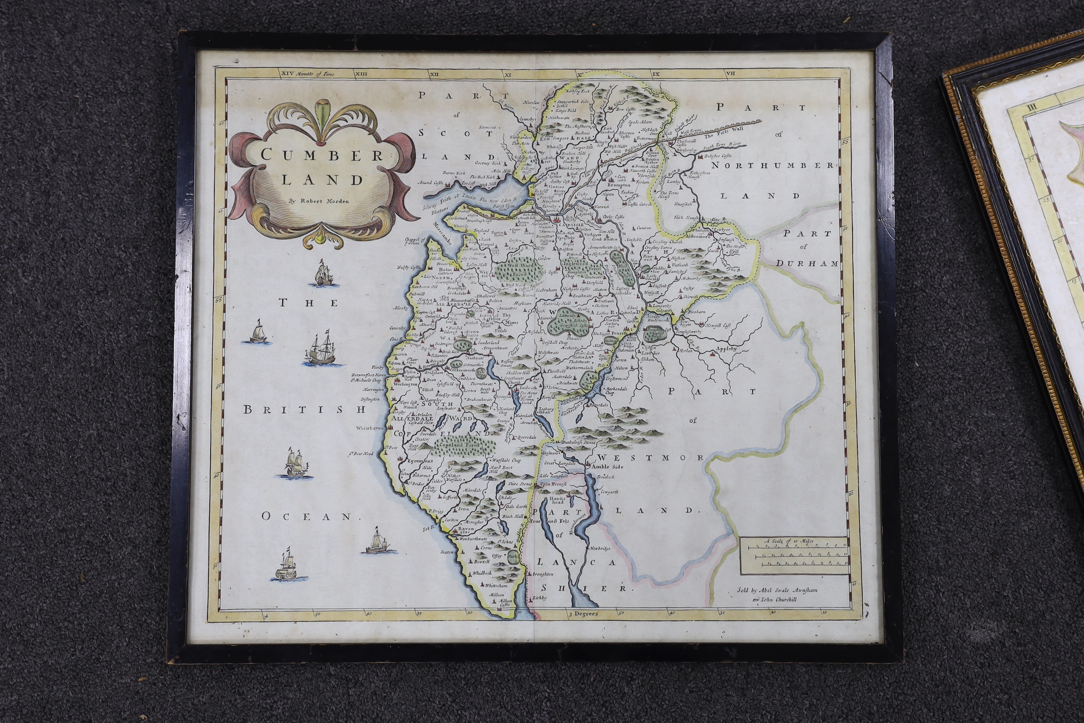 Robert Morden (1650-1703), two hand coloured maps comprising Sussex and Cumberland, sold by Abel Swale Awnsham and John Churchill, largest 44 x 37cm